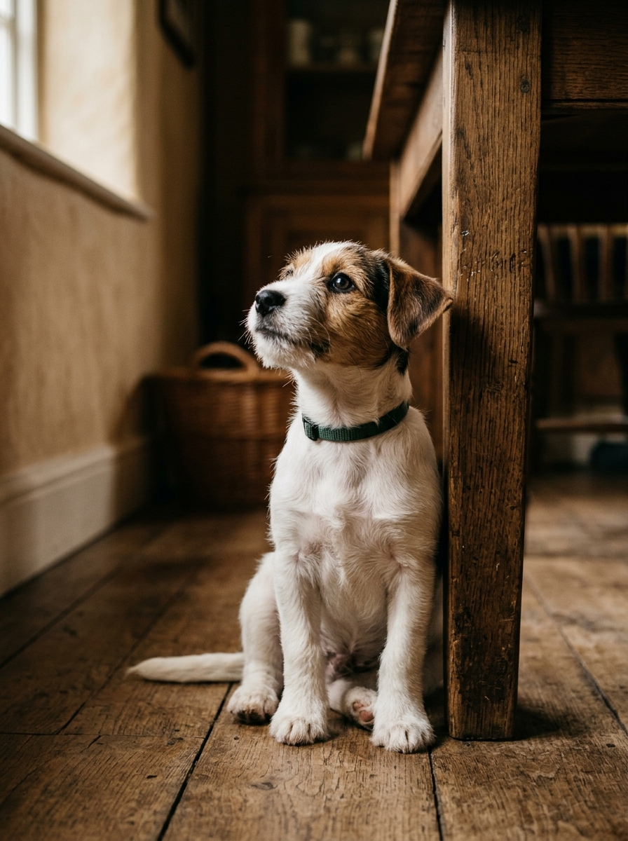 Junger Terrier sitzt neben einem Tischbein auf einem Dielenboden und blickt nach oben